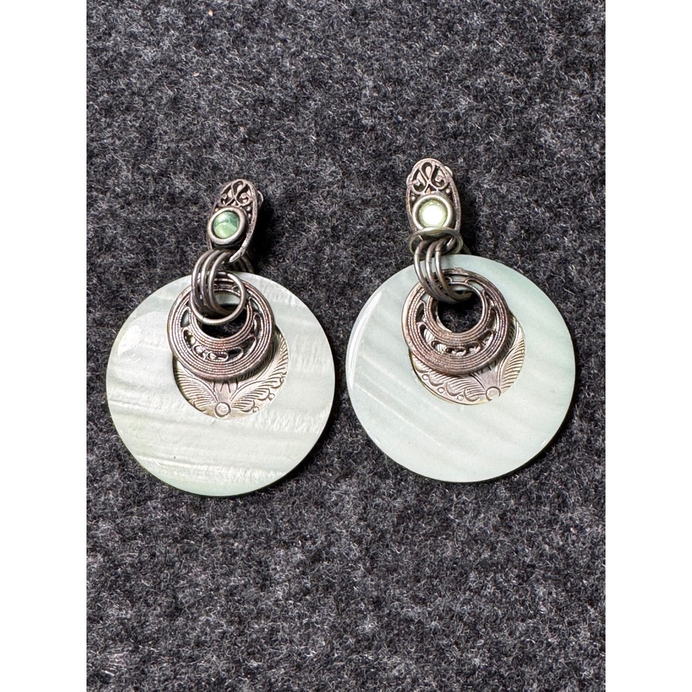 Vintage Silver Tone Green Resin Disc Clip On Statement Earrings Boho Mixed Media